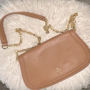 New Tory Burch Brown and Gold Leather Clutch Shoulder Bag Handbag Tote